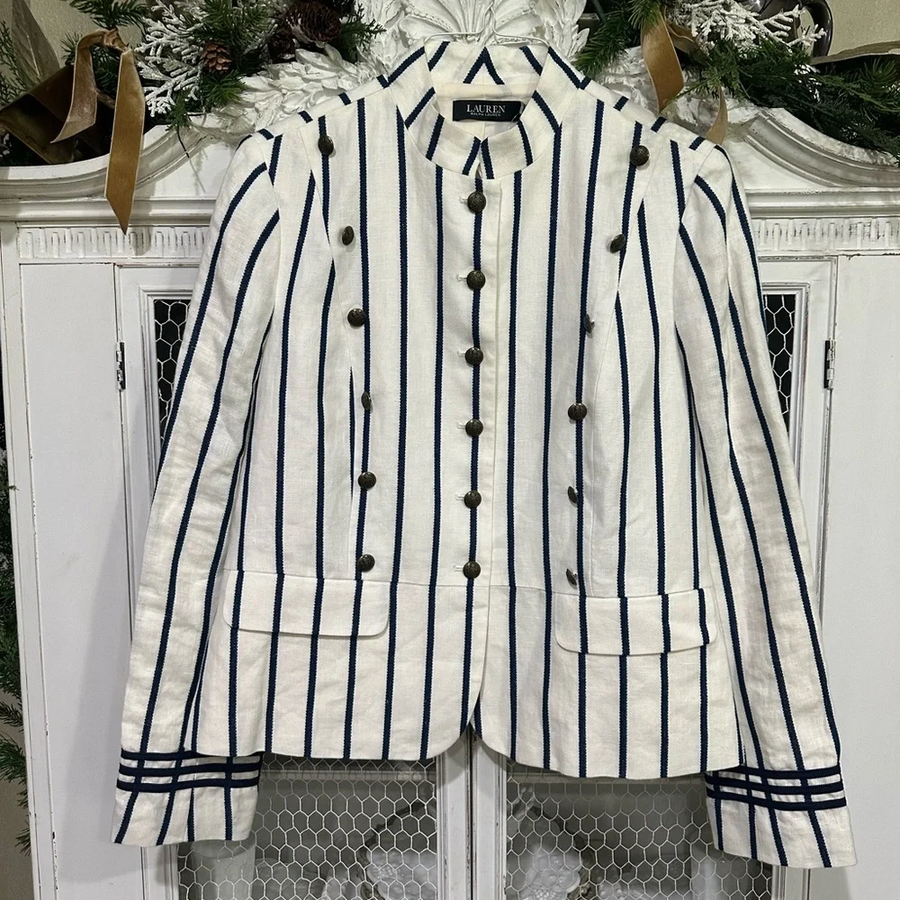 Ralph Lauren Cream Blazer with Navy Vertical Stripes. Size 12. New with tags - Picture 2 of 11
